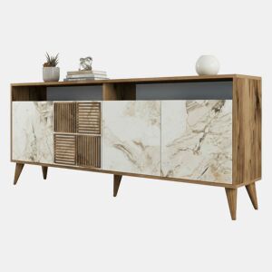 Aparador Virgem, Mesa Multiusos, Armário de Apoio, Secretária Hall, 180x35h79 cm, Nogueira e Mármore Branco