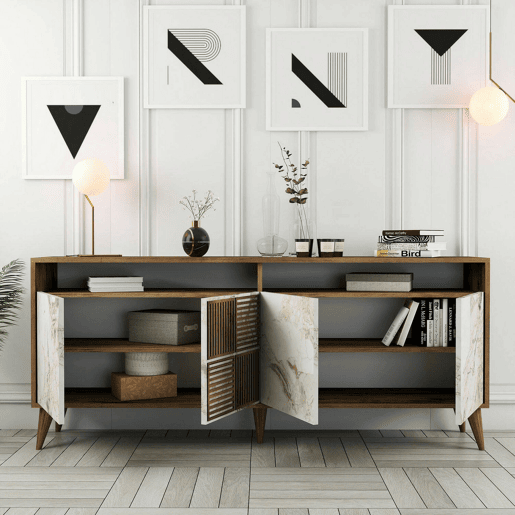 Aparador Virgem, Mesa Multiusos, Armário de Apoio, Secretária Hall, 180x35h79 cm, Nogueira e Mármore Branco