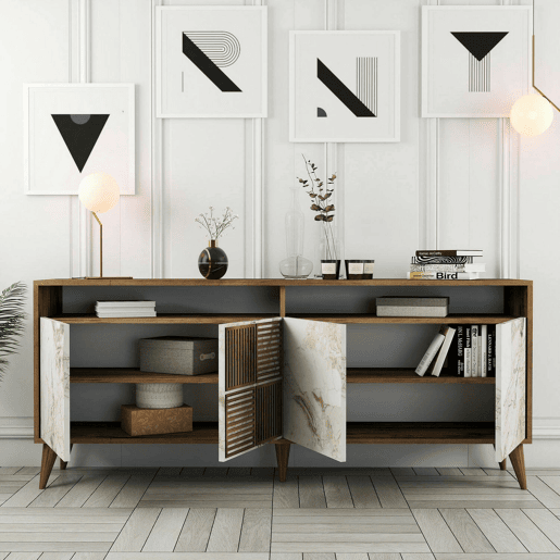 Aparador Virgem, Mesa Multiusos, Armário de Apoio, Secretária Hall, 180x35h79 cm, Nogueira e Mármore Branco