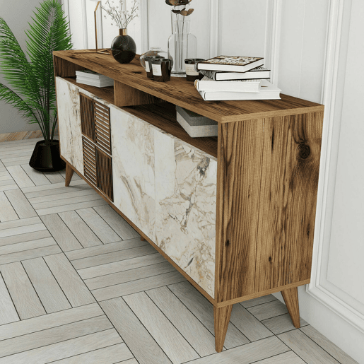Aparador Virgem, Mesa Multiusos, Armário de Apoio, Secretária Hall, 180x35h79 cm, Nogueira e Mármore Branco