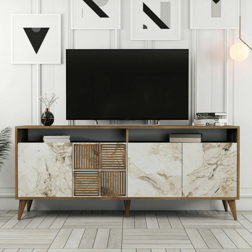 Aparador Virgem, Mesa Multiusos, Armário de Apoio, Secretária Hall, 180x35h79 cm, Nogueira e Mármore Branco