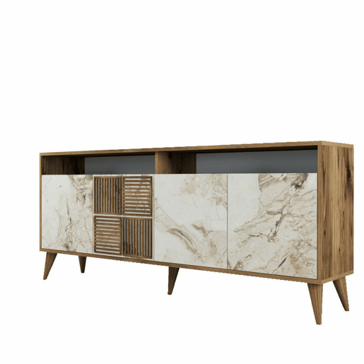 Aparador Virgem, Mesa Multiusos, Armário de Apoio, Secretária Hall, 180x35h79 cm, Nogueira e Mármore Branco