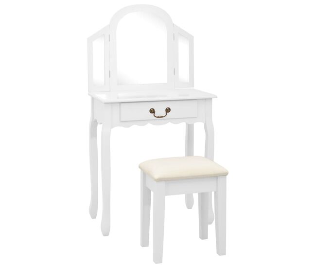 Vidaxl tocador y taburete madera paulownia y mdf blanco 65x36x128 cm