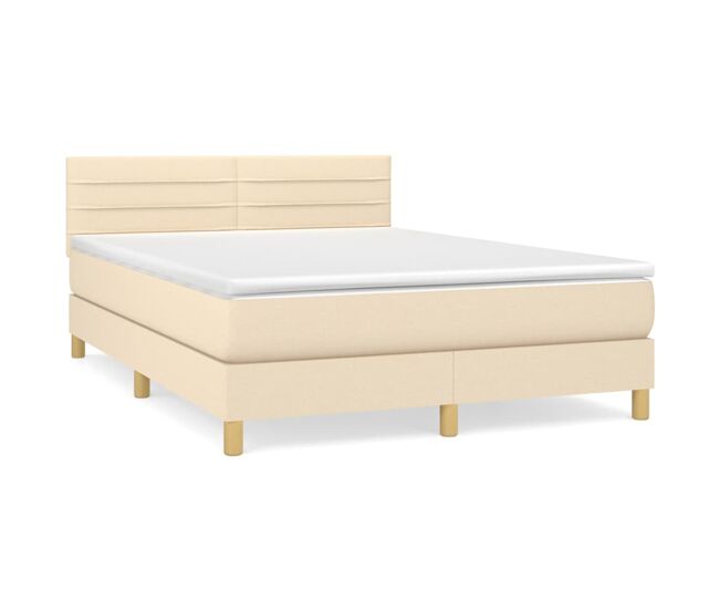Cama box spring con colchón tela color crema 140x200 cm rayas horizontales