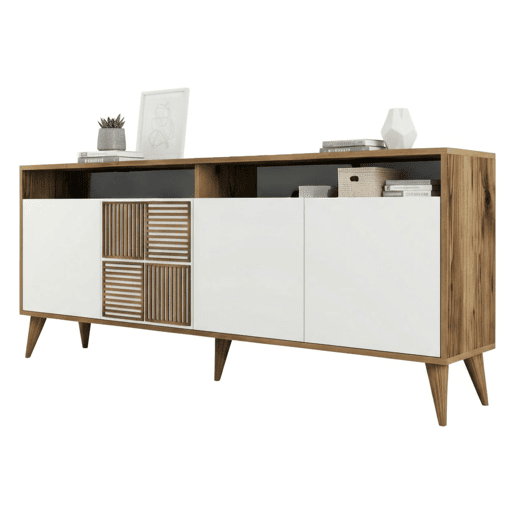 Aparador Dpogg, Mesa Multiusos, Armário de Apoio, Secretária de Corredor, 180x35h79 cm, Nogueira e Branco