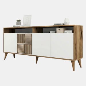 Aparador Dpogg, Mesa Multiusos, Armário de Apoio, Secretária de Corredor, 180x35h79 cm, Nogueira e Branco