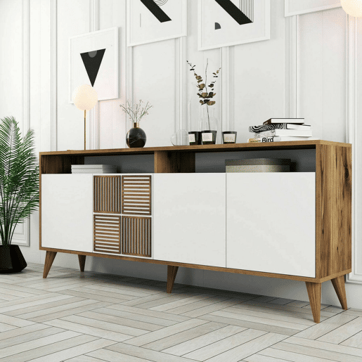 Aparador Dpogg, Mesa Multiusos, Armário de Apoio, Secretária de Corredor, 180x35h79 cm, Nogueira e Branco