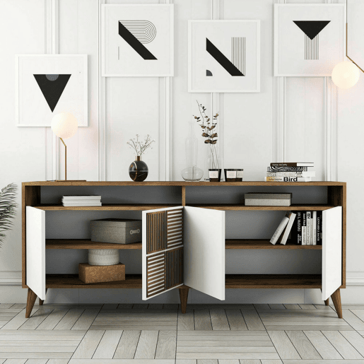 Aparador Dpogg, Mesa Multiusos, Armário de Apoio, Secretária de Corredor, 180x35h79 cm, Nogueira e Branco