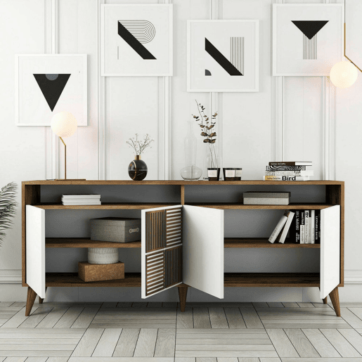 Aparador Dpogg, Mesa Multiusos, Armário de Apoio, Secretária de Corredor, 180x35h79 cm, Nogueira e Branco