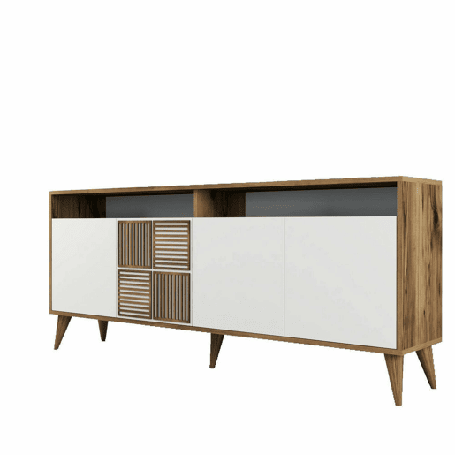 Aparador Dpogg, Mesa Multiusos, Armário de Apoio, Secretária de Corredor, 180x35h79 cm, Nogueira e Branco