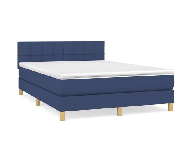 Cama box spring con colchón tela azul 140x200 cm bloques con cuadros