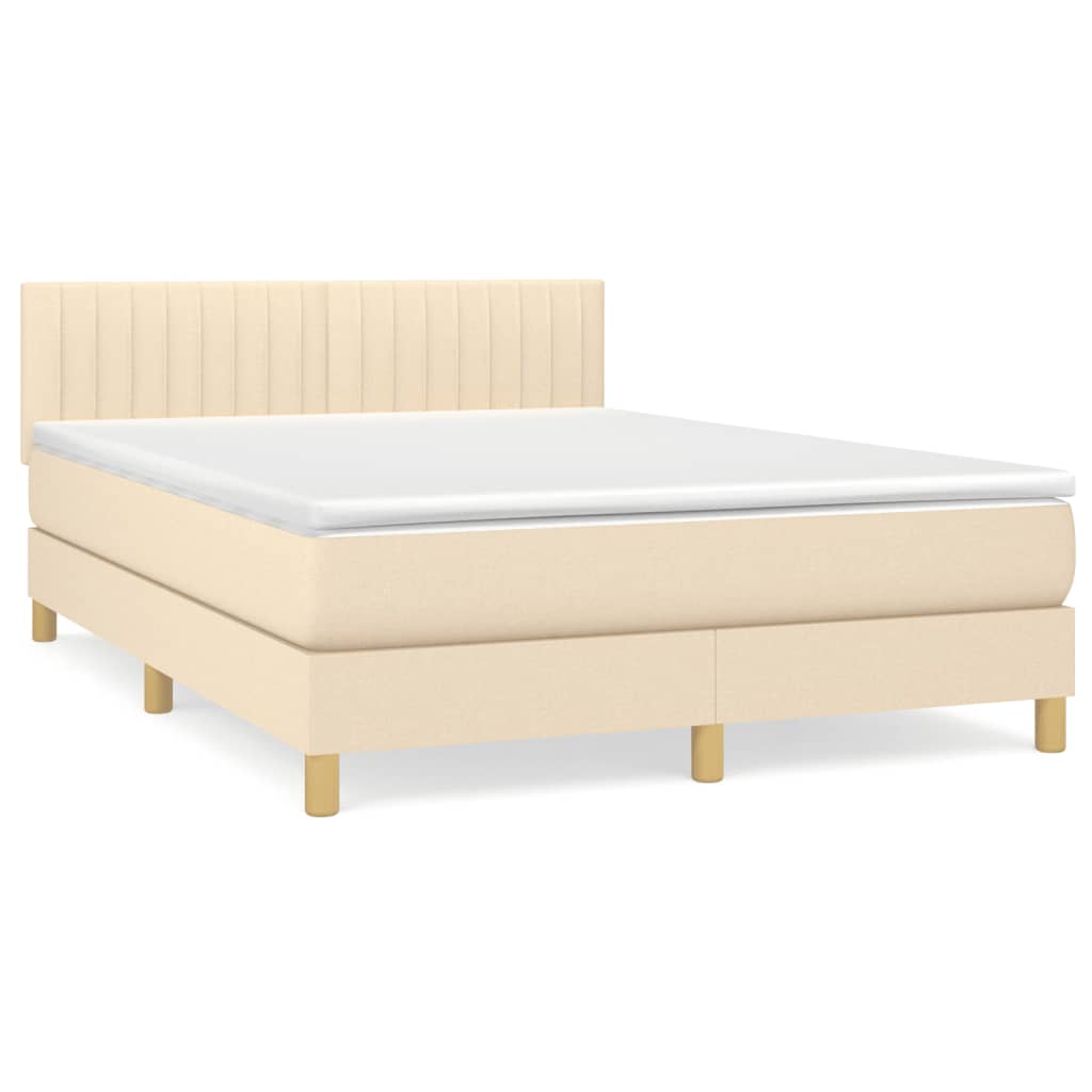 Cama box spring con colchón tela color crema 140x200 cm rayas verticales