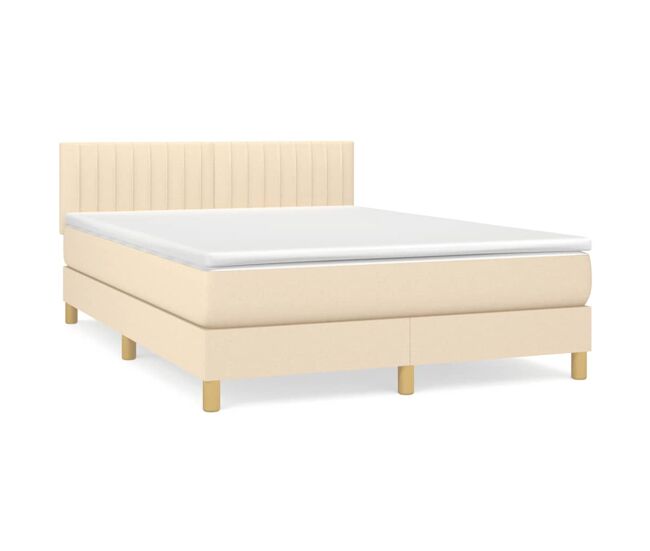 Cama box spring con colchón tela color crema 140x200 cm rayas verticales