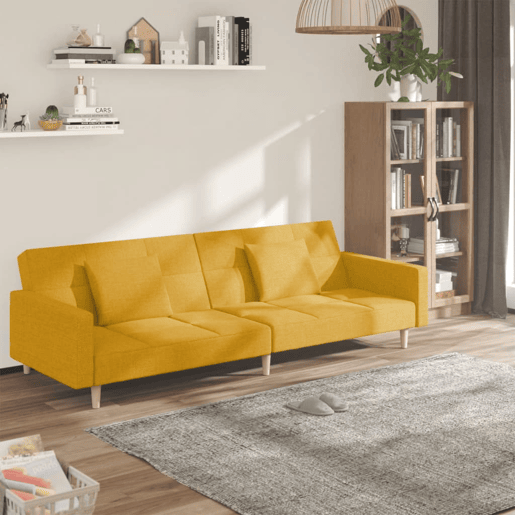 vidaXL Sofá-cama 2 lugares com duas almofadas tecido amarelo vidaXL Sofá-cama 2 lugares com duas almofadas tecido amarelo
