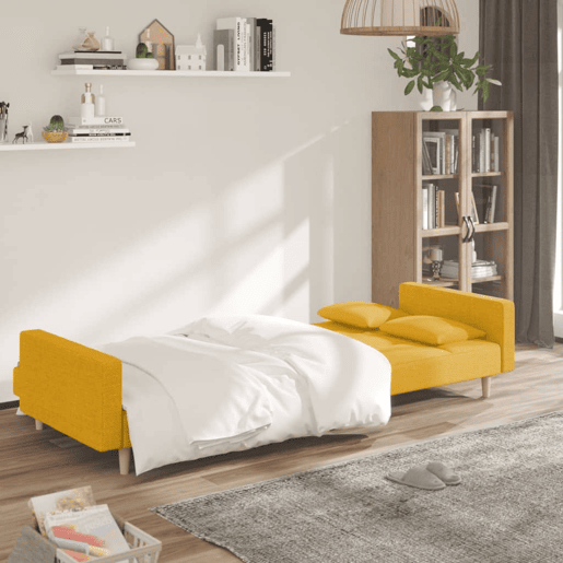 vidaXL Sofá-cama 2 lugares com duas almofadas tecido amarelo vidaXL Sofá-cama 2 lugares com duas almofadas tecido amarelo