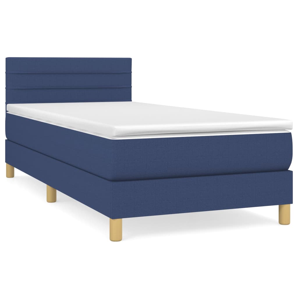 Cama box spring con colchón tela azul 90x200 cm rayas horizontales