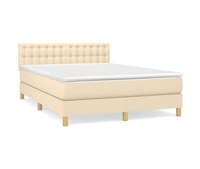 Cama box spring con colchón tela color crema 140x200 cm botones