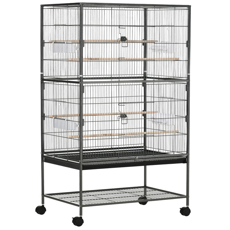 Pawhut jaula para pájaros con ruedas pajarera metálica con bandeja extraíble 4 puertas 4 comederos 4 perchas y estante de almacenaje jaula para canarios periquitos 78x52x132 cm gris oscuro