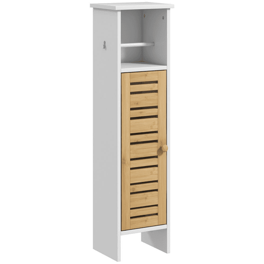 HOMCOM Coluna Casa de Banho Moderna Móvel Auxiliar Casa de Banho com Suporte para Papel Higiénico Prateleiras Ajustáveis e Porta de Bambu Anti-Tombo 21x17x78 cm Branco e Madeira