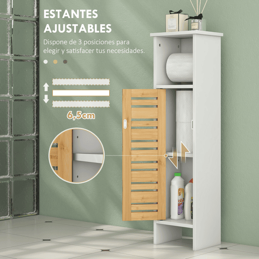 HOMCOM Coluna Casa de Banho Moderna Móvel Auxiliar Casa de Banho com Suporte para Papel Higiénico Prateleiras Ajustáveis e Porta de Bambu Anti-Tombo 21x17x78 cm Branco e Madeira