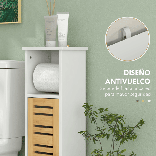 HOMCOM Coluna Casa de Banho Moderna Móvel Auxiliar Casa de Banho com Suporte para Papel Higiénico Prateleiras Ajustáveis e Porta de Bambu Anti-Tombo 21x17x78 cm Branco e Madeira