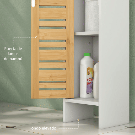 HOMCOM Coluna Casa de Banho Moderna Móvel Auxiliar Casa de Banho com Suporte para Papel Higiénico Prateleiras Ajustáveis e Porta de Bambu Anti-Tombo 21x17x78 cm Branco e Madeira