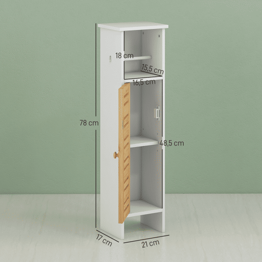 HOMCOM Coluna Casa de Banho Moderna Móvel Auxiliar Casa de Banho com Suporte para Papel Higiénico Prateleiras Ajustáveis e Porta de Bambu Anti-Tombo 21x17x78 cm Branco e Madeira