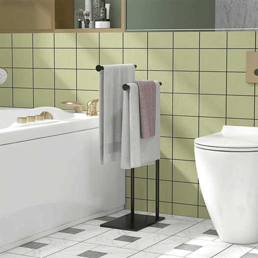 HOMCOM Toalheiro de Pé de 2 Níveis Toalheiro Casa de Banho com 2 Barras e Estrutura de Metal Toalheiro Moderno em Forma de L 35,5x20x78 cm Preto