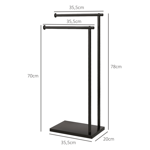 HOMCOM Toalheiro de Pé de 2 Níveis Toalheiro Casa de Banho com 2 Barras e Estrutura de Metal Toalheiro Moderno em Forma de L 35,5x20x78 cm Preto
