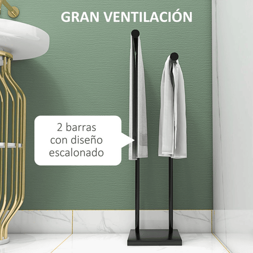 HOMCOM Toalheiro de Pé de 2 Níveis Toalheiro Casa de Banho com 2 Barras e Estrutura de Metal Toalheiro Moderno em Forma de L 35,5x20x78 cm Preto