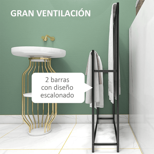 HOMCOM Toalheiro de Pé de 2 Níveis Toalheiro Casa de Banho com 2 Barras e Estrutura de Metal Toalheiro Moderno 66x20x110 cm Preto