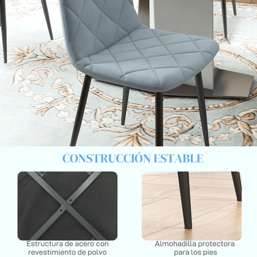 HOMCOM Conjunto de 4 Cadeiras de Jantar Modernas Cadeiras de Cozinha Estofadas em Veludo com Pés de Aço para Sala de Estar 45x54x87 cm Azul Claro