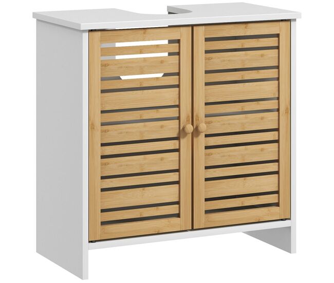 Homcom mueble bajo lavabo mueble para debajo del lavabo moderno con puertas magnéticas de bambú y estante ajustable 60x30x60 cm blanco y natural