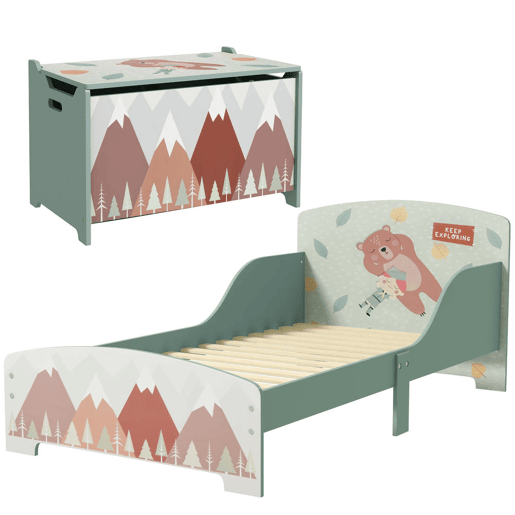 ZONEKIZ Conjunto para Crianças Inclui 1 Cama Infantil de Madeira Carga Máx. 40 kg 143x77x60 cm e 1 Baú de Brinquedos 60x37x39 cm com Estampados Verde