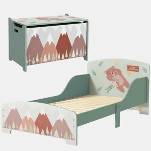 ZONEKIZ Conjunto para Crianças Inclui 1 Cama Infantil de Madeira Carga Máx. 40 kg 143x77x60 cm e 1 Baú de Brinquedos 60x37x39 cm com Estampados Verde