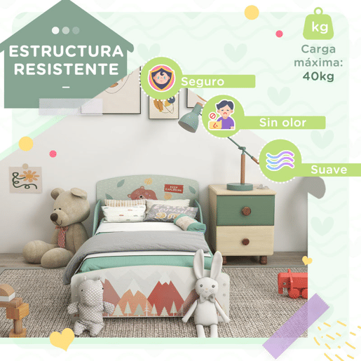 ZONEKIZ Conjunto para Crianças Inclui 1 Cama Infantil de Madeira Carga Máx. 40 kg 143x77x60 cm e 1 Baú de Brinquedos 60x37x39 cm com Estampados Verde