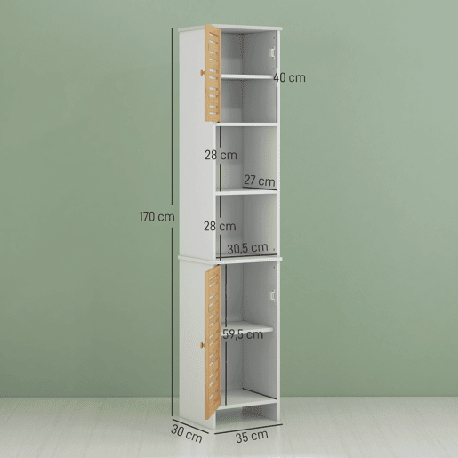 HOMCOM Coluna Casa de Banho Moderna Móvel Auxiliar Casa de Banho Armário Casa de Banho com Prateleiras Ajustáveis e Portas de Bambu Anti-Tombo 35x30x170 cm Branco e Madeira