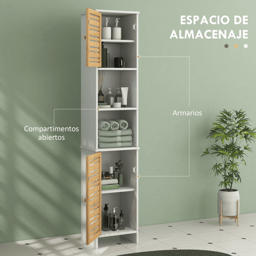 HOMCOM Coluna Casa de Banho Moderna Móvel Auxiliar Casa de Banho Armário Casa de Banho com Prateleiras Ajustáveis e Portas de Bambu Anti-Tombo 35x30x170 cm Branco e Madeira
