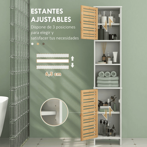 HOMCOM Coluna Casa de Banho Moderna Móvel Auxiliar Casa de Banho Armário Casa de Banho com Prateleiras Ajustáveis e Portas de Bambu Anti-Tombo 35x30x170 cm Branco e Madeira