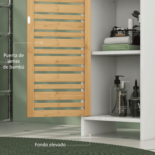 HOMCOM Coluna Casa de Banho Moderna Móvel Auxiliar Casa de Banho Armário Casa de Banho com Prateleiras Ajustáveis e Portas de Bambu Anti-Tombo 35x30x170 cm Branco e Madeira