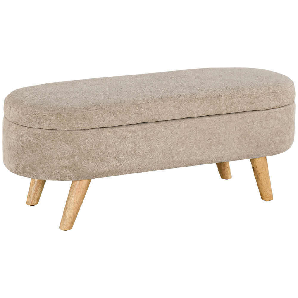 Homcom banco pie de cama, puff almacenaje tapizado en terciopelo de teddy con patas de madera y asiento acolchado, banco de almacenaje ovalado para dormitorio, entrada, pasillo, beige
