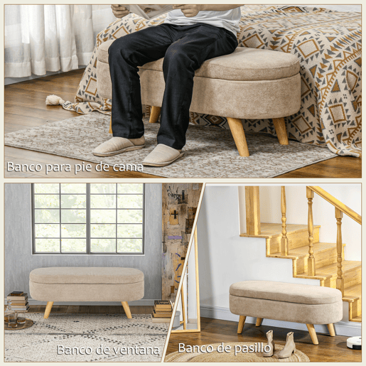 HOMCOM Banco para Pé de Cama Banco de Armazenamento com Pés de Madeira e Assento Acolchoado Carga 120 kg Puff de Armazenamento para Dormitório Entrada Corredor 110x40x43 cm Bege HOMCOM Banco para Pé de Cama Banco de Armazenamento com Pés de Madeira e Assento Acolchoado Carga 120 kg Puff de Armazenamento para Dormitório Entrada Corredor 110x40x43 cm Bege