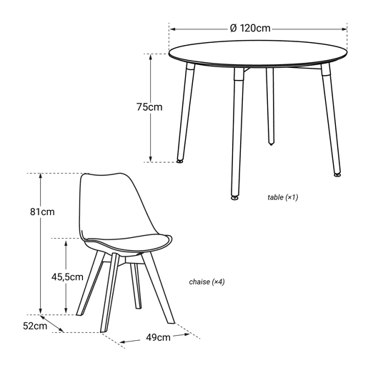 Mesa redonda MARTHA 120cm y 4 sillas NORA blancas