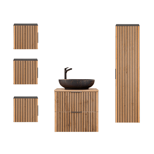 Conjunto de lavatório individual 60cm e 3 armários murais Madeira e Preto Gaia Lavatório Preto
