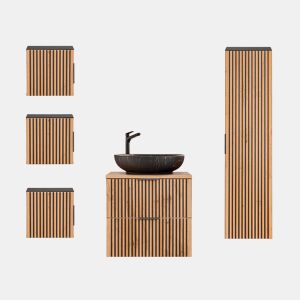Conjunto de lavatório individual 60cm e 3 armários murais Madeira e Preto Gaia Lavatório Preto