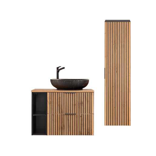 Conjunto móvel lavatório simples 80cm 2 nichos e coluna Gaia Madeira e Preto Lavatório preto