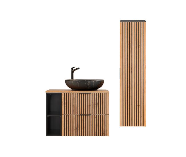 Conjunto de muebles con lavabo individual 80cm 2 compartimientos y columna gaia madera y negro - lavabo negro