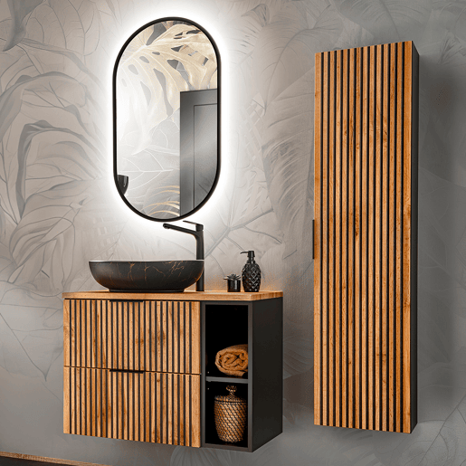 Conjunto móvel lavatório simples 80cm 2 nichos e coluna Gaia Madeira e Preto Lavatório preto