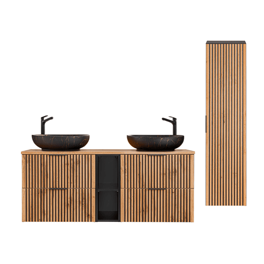 Conjunto móvel lavatório duplo 140cm 2 nichos e coluna Gaia Madeira e Preto Lavatório preto