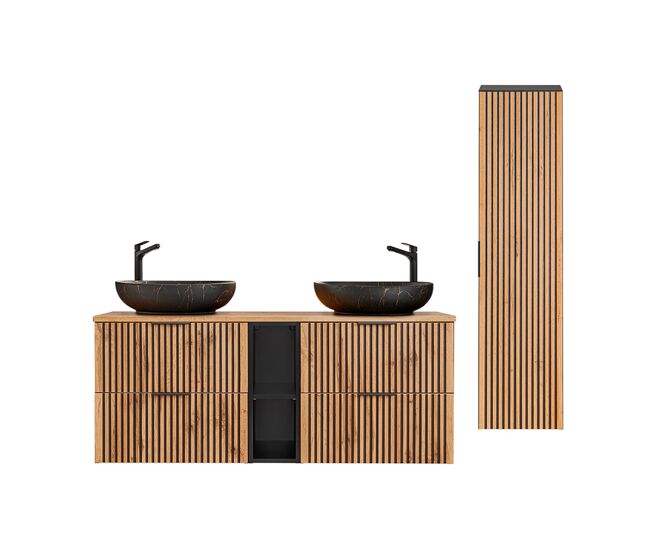 Conjunto de muebles con doble lavabo 140cm 2 compartimientos y columna gaia madera y negro - lavabo negro